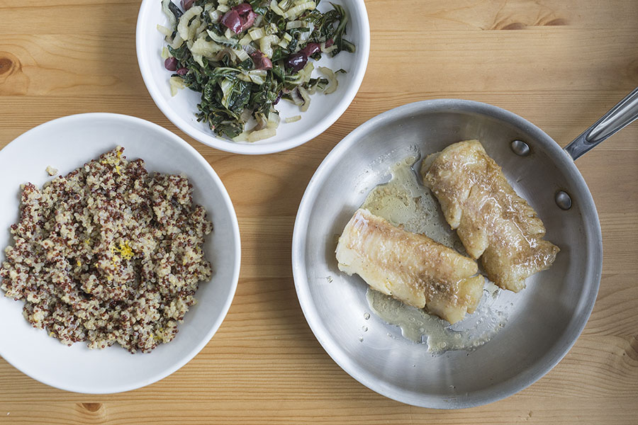 Haddock with Lemony Quinoa Sautéed Swiss Chard and Olives