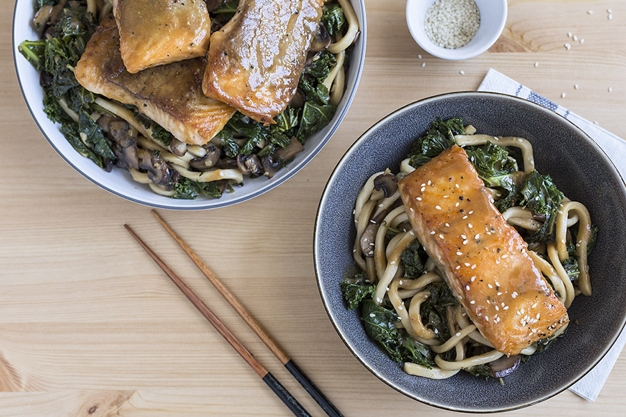 Miso Salmon with Kale Cremini Mushrooms and Fresh Udon Noodles