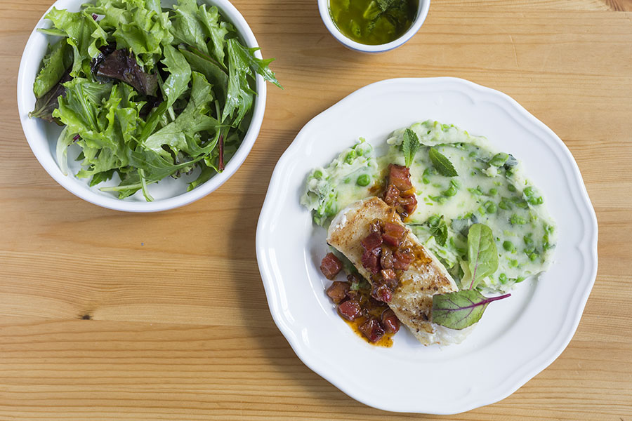 Seared Cod with Pancetta & Minted Green Pea, Potato Mash & Mixed